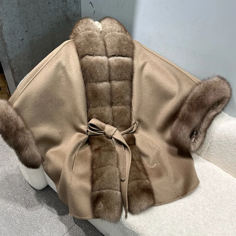Hand Make Women Soft Big Fox Fur Collar Loose Lady Autumn Woolen Cape Camel Thick Real Fox Fur Cloak Coat
