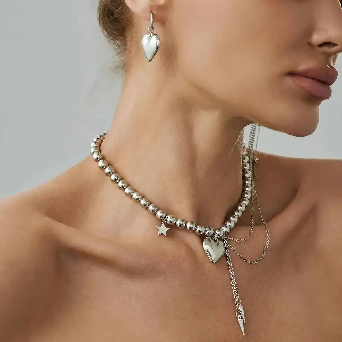 

Elegant Love Heart Pendant Choker Necklace Tassel Drop Earrings for Women Wedding Bridal Jewelry Set Halloween Gifts