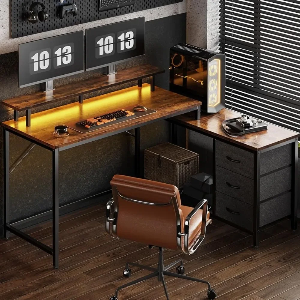 

Reversible L Shaped Computer Desks with Drawers,Gaming Desk LED Lights and Power Outlets, Office Desk withs Storage,Rustic Brown