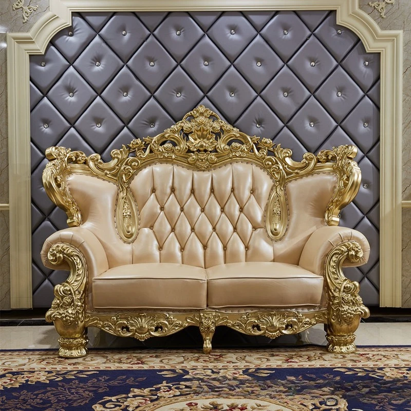 Leather sofa solid wood double-sided carved villa living room