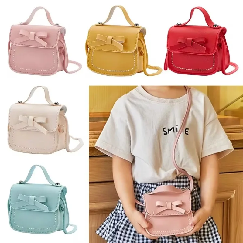 New Cute Leather Baby Messenger Bags Children Kids Girls Princess Shoulder Bag Handbag Solid Bowknot Princess Coin Purses Gift