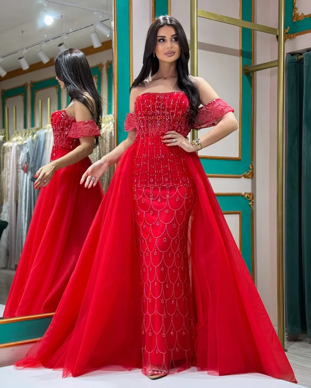 Customized Exquisite Matching Tulle Rhinestone Beading Mermaid Off-the-shoulder Long Dresses Bespoke Occasion Dresses Intricate