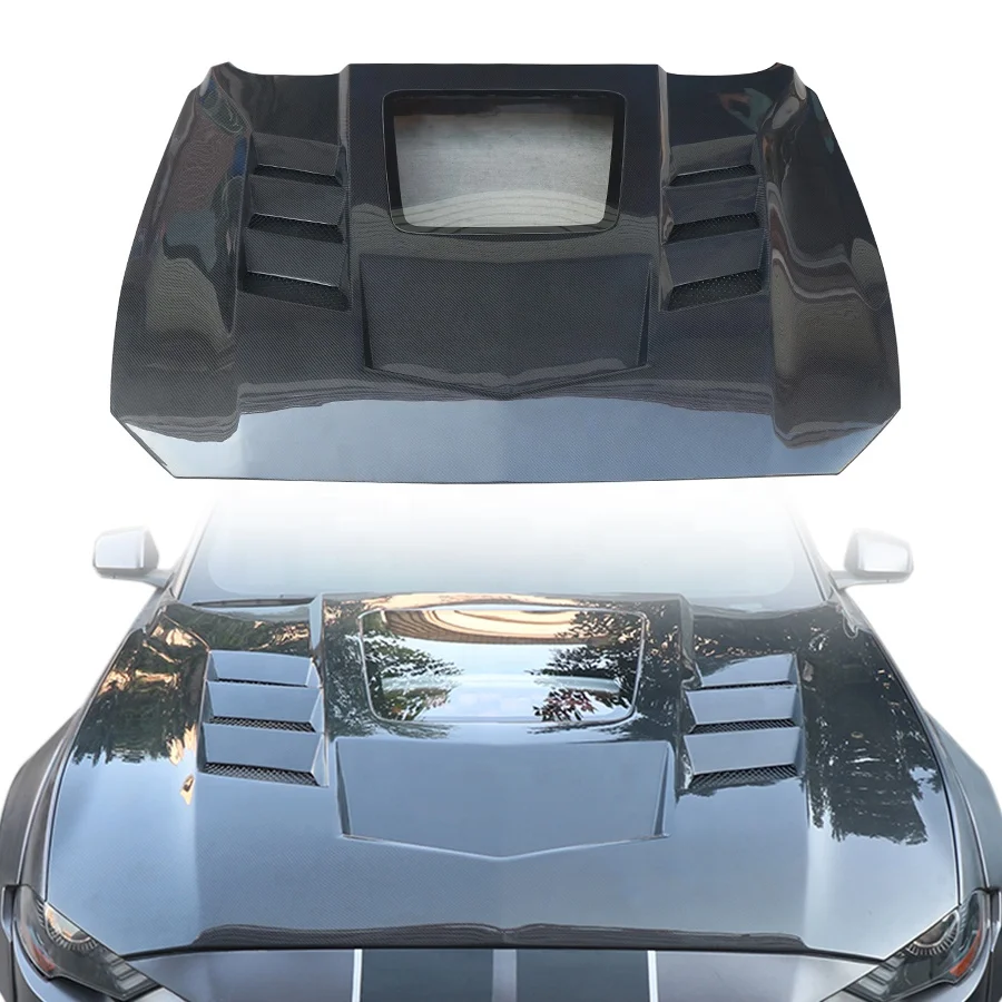 With Transparent Glass Carbon Fiber Hood For Ford Mustang 2018 2019 2020 2021 2022 2023 Body Kit