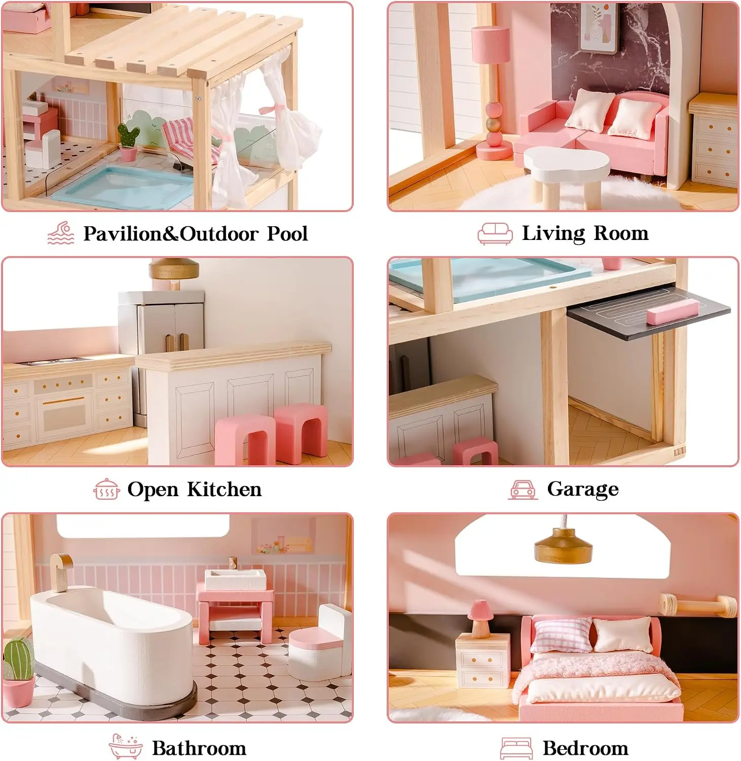 Wooden Dollhouse, Doll House with 29 Pieces Furniture Set - Pool and Elevator, Wooden Doll House for 4, 5, 6-Inch Dolls, 6