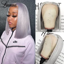 Perruque Bob Lace Front Wig Brésilienne Naturelle, Cheveux Vierges, Courts, Gris Argenté, Lisses, Pre-Plucked, Transparent, 13x4, pour Femme