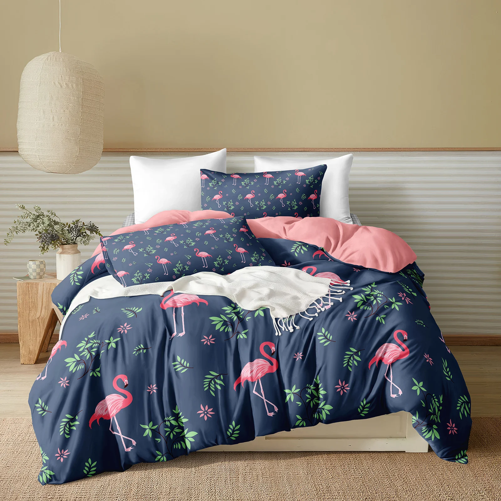 Blue Pink Flamingo Bedding Set Romantic Animal Duvet Cover Set Red Cute Floral Bedding with Pink Reversible Flower Quilt Cover