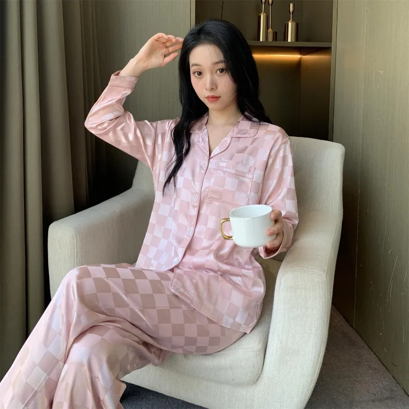 Spring Autumn Pajamas Women Ice Silk Long Sleeve Cardigan Homewear Suit Female Loose Comfortable Thin Breathable Nightclothes