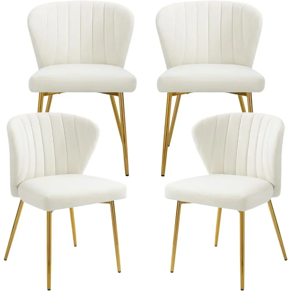 Velvet Dining Chairs Set of 4, Modern Upholstered Dining Chair with Golden Metal Legs, White Dining Chairs