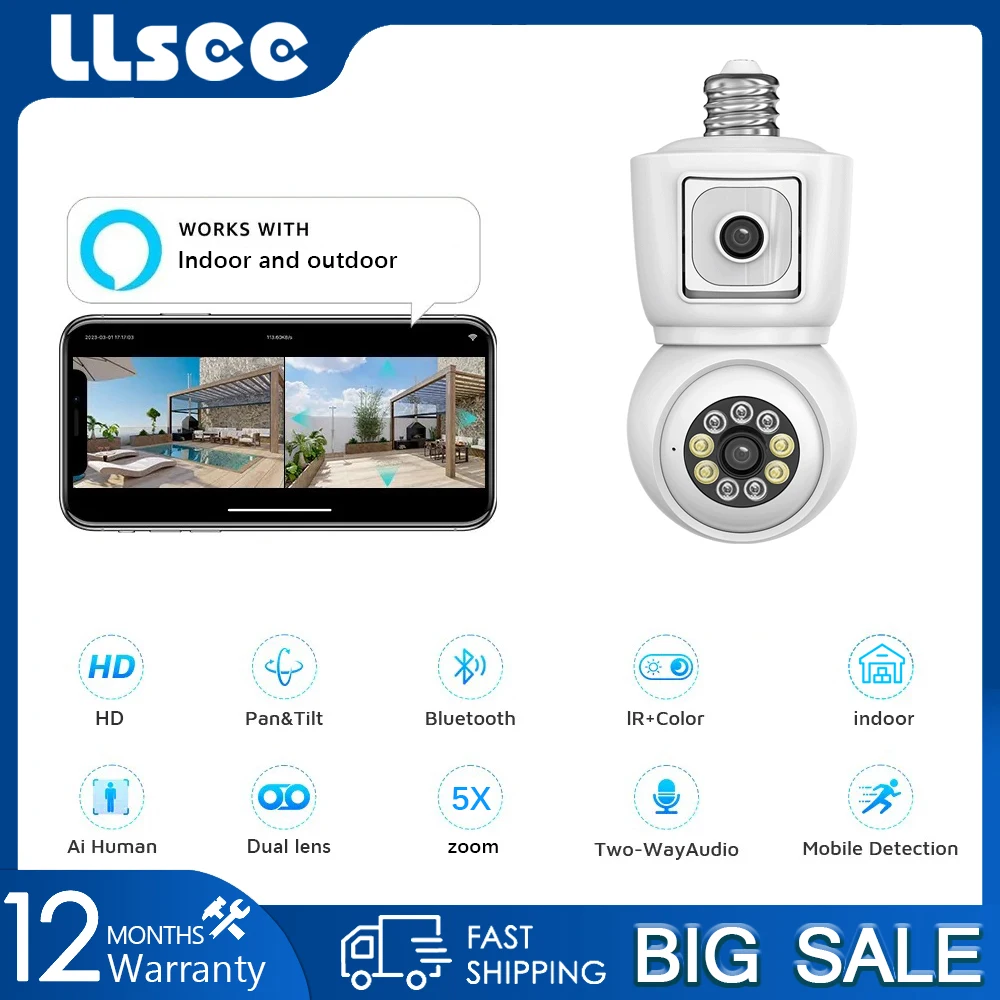 

LLSEE ICSEE 4MP,dual lens,CCTV lamp holder pan tilt camera,WIFI wireless phone connection,IP camera monitoring,two-way audio