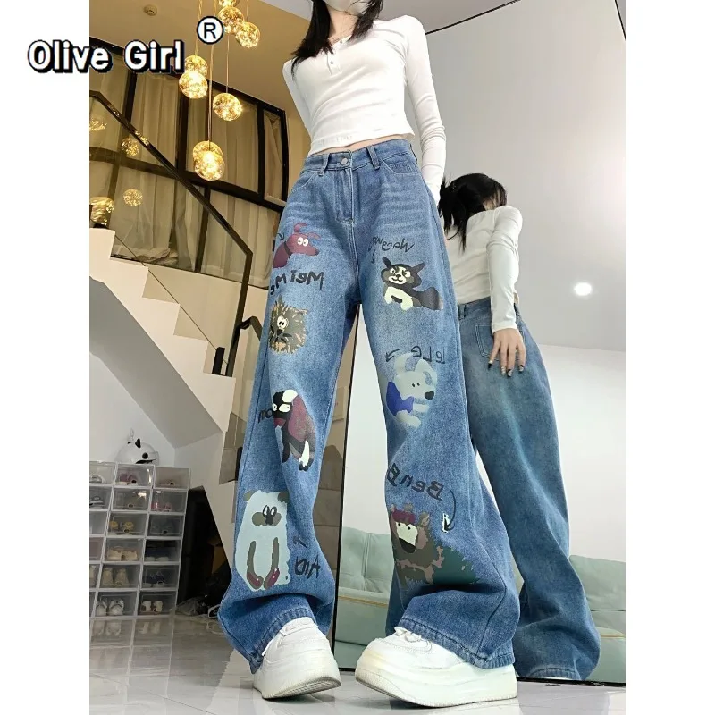 Olivegirl jean rétro américain imprimé Graffiti pantalon femme printemps taille haute pantalon ample jambe droite pantalon large décontracté