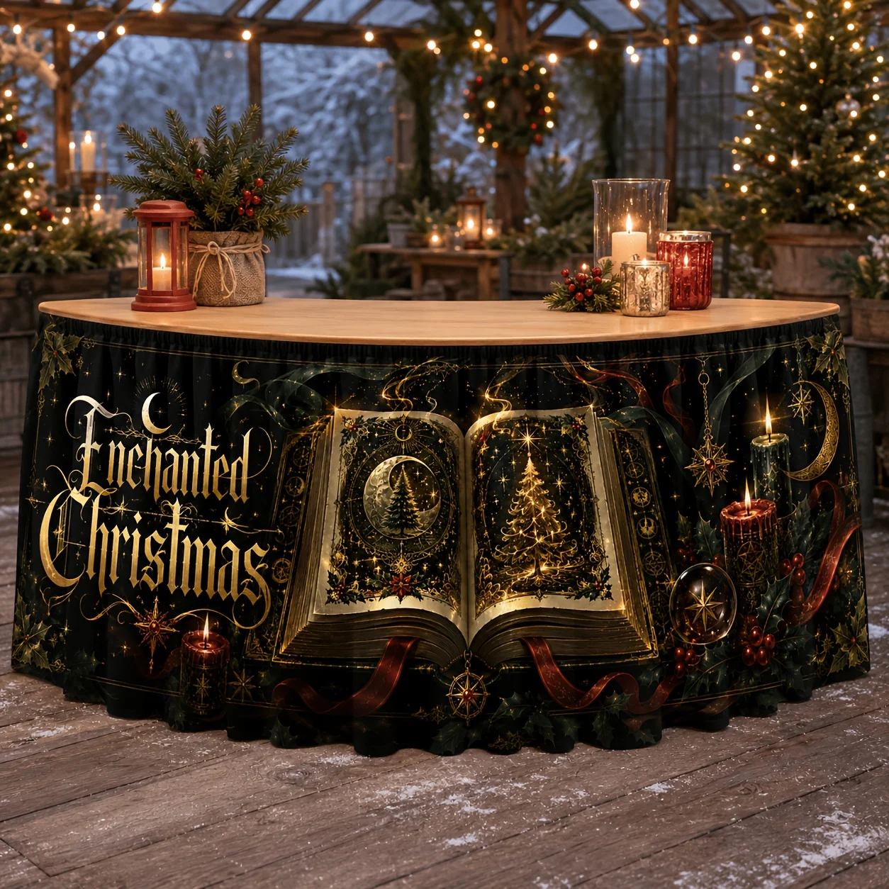 One Gothic-style Christmas tablecloth with moon phases, stars, snowflakes, fuchsia roses, pine trees and holly prints.