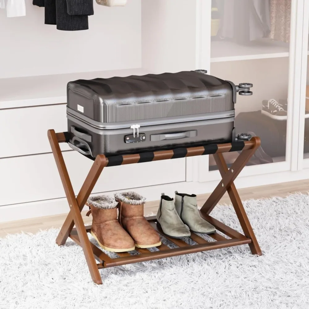 

Fully Assembled Walnut Bamboo Luggage Rack with Shoe Shelf, Folding Suitcase Stand with 5 Heavy-Duty Straps
