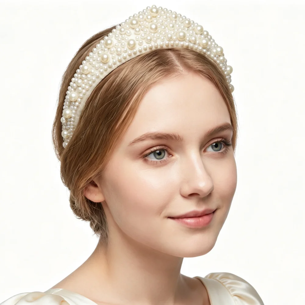 Luxury Full Pearl Padded Headband Fashion Beaded Hairband Elegant Hair Hoop for Girls Women Wedding Banquet Hair Decoration
