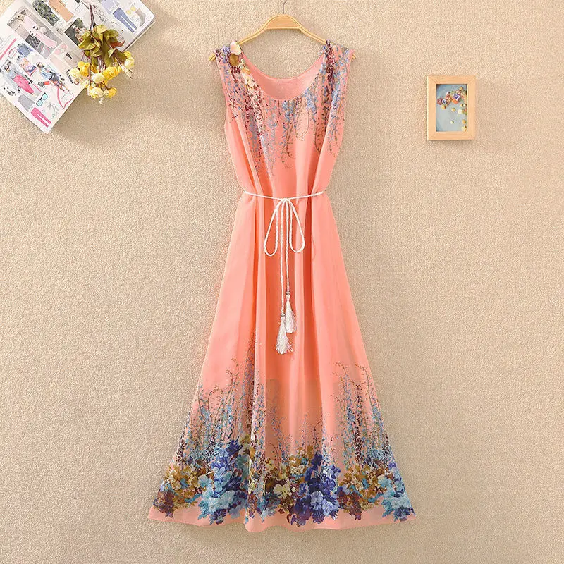 Sand Vacation Summer 2024 New Chiffon Colorful Dress Bohemia Sleeveless Printing Multicolor Lower Back Loose Comfortable Dress