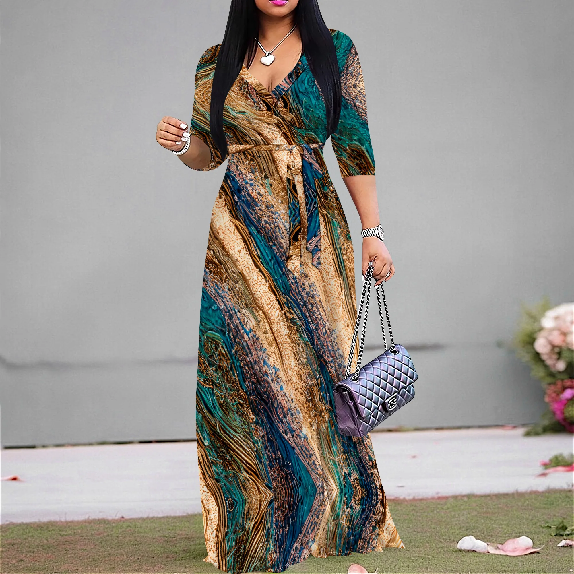 

Women's Boho Maxi Dress V-Neck Flowy Summer Vacation Long Dress Elegant Marble Print Beach Party Wear with Belt Plus Size XS-3XL