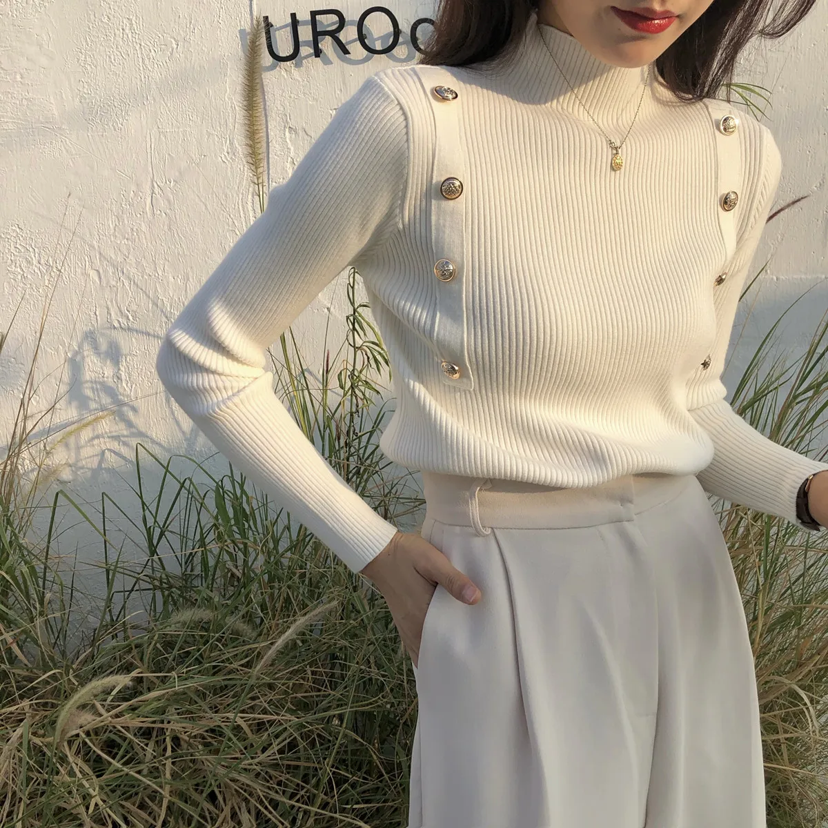 Retro Frühling Herbst frauen Button up Basis irt Slim Fit Strickwaren f Hohe Kragen Trendy Design Innere Tragen Casual Sle