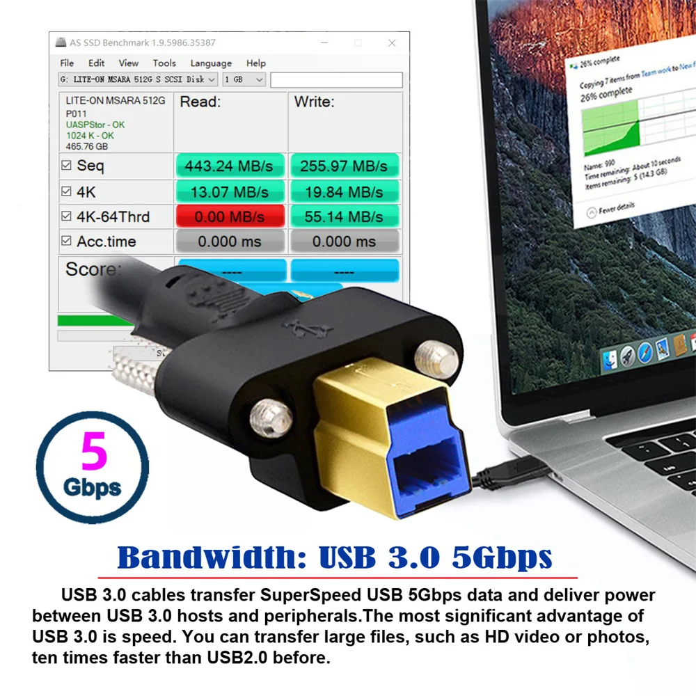 USB 3.0 2.0 Type-A Male to Type-B Thumbscrew Standard Male Mount Panel Type for Industrial Camera Robot Scanner Disk