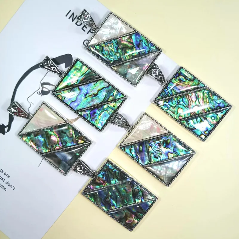 Popular abalone shell Shell color-blocked inlaid rectangular pendant Sweater chain