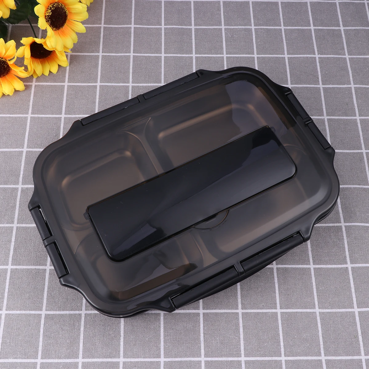 

304 Stainless Steel Insulated Lunch Box 4 Grids Rectangular Lunch Container Single Layer for Student Adult(Transparent Black wit