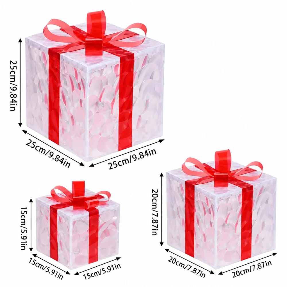 15/20/25Cm Three-Piece Christmas Gift Box, Built-In 8 Lighting Modes, Ideal For Creating A Festive Christmas Atmosphere. Suitable For Decorating Christmas Trees, Shop Windows And Holiday Event Arrangements.
