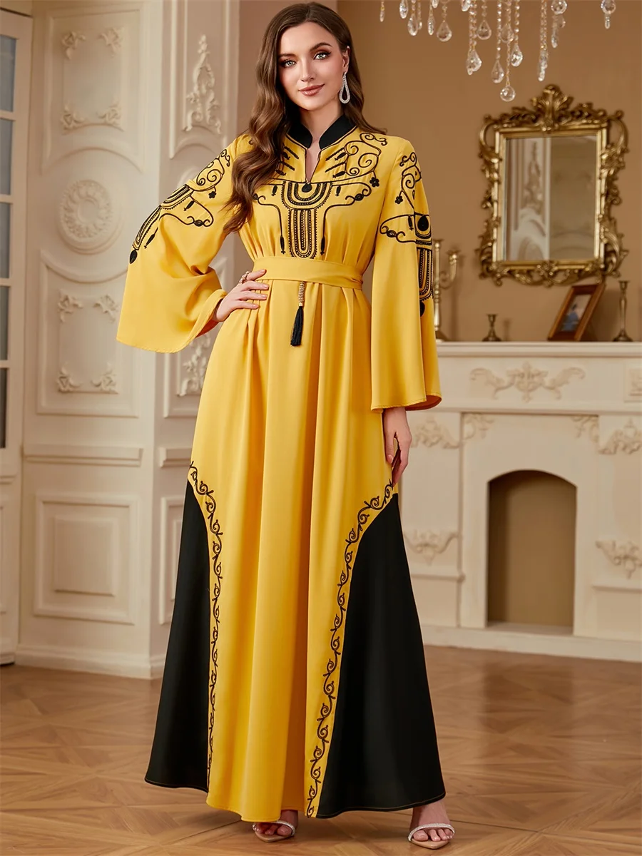 

Siskakia Tassel Gorgeous Party Style Dresses Embroidered Caftan Marocian Femme Belt included Pacthwork Abaya