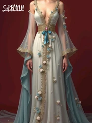 Dreamy V Neck Evening Dress Romantic Blooms Off the Shoulder A Line Prom Gown Chic Golden Lace Customized Special Occasions Wear