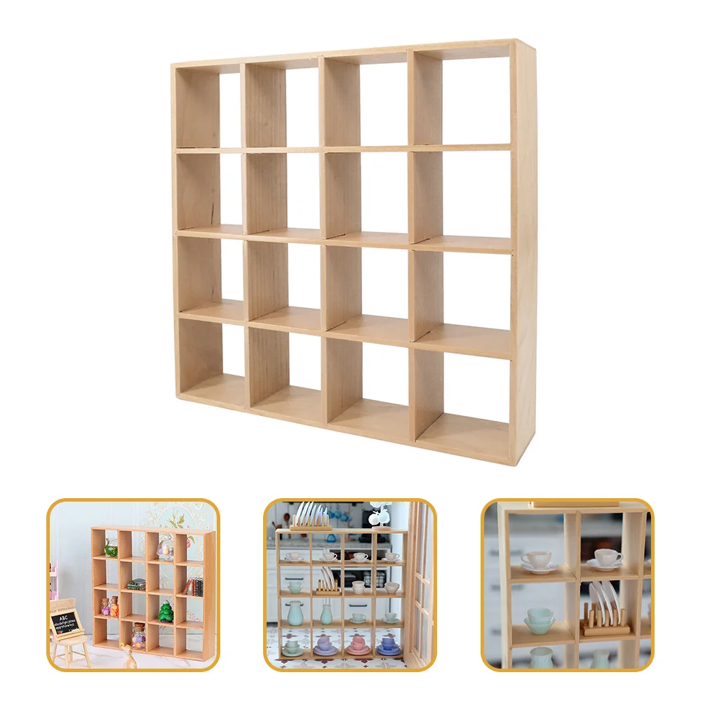 16 Grid Storage Rack Mini House Wooden Furniture Miniature Bookshelf Model Accessory