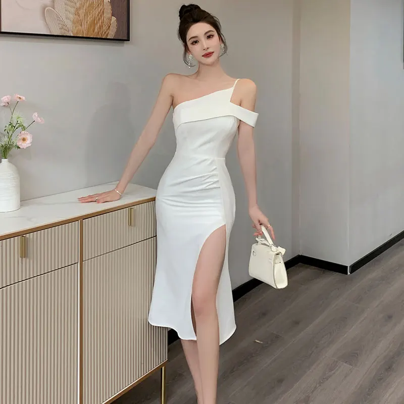 

White evening dress women's 2023 summer new style French fashionable temperament sexy split fishtail skirt