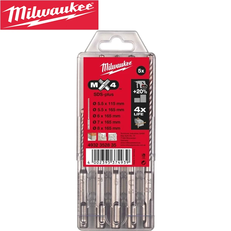 MILWAUKEE 4932352835 SDS+ PLUS MX4 Durable Hard Alloy Cutting Head DRILL BIT SET X5 PCS