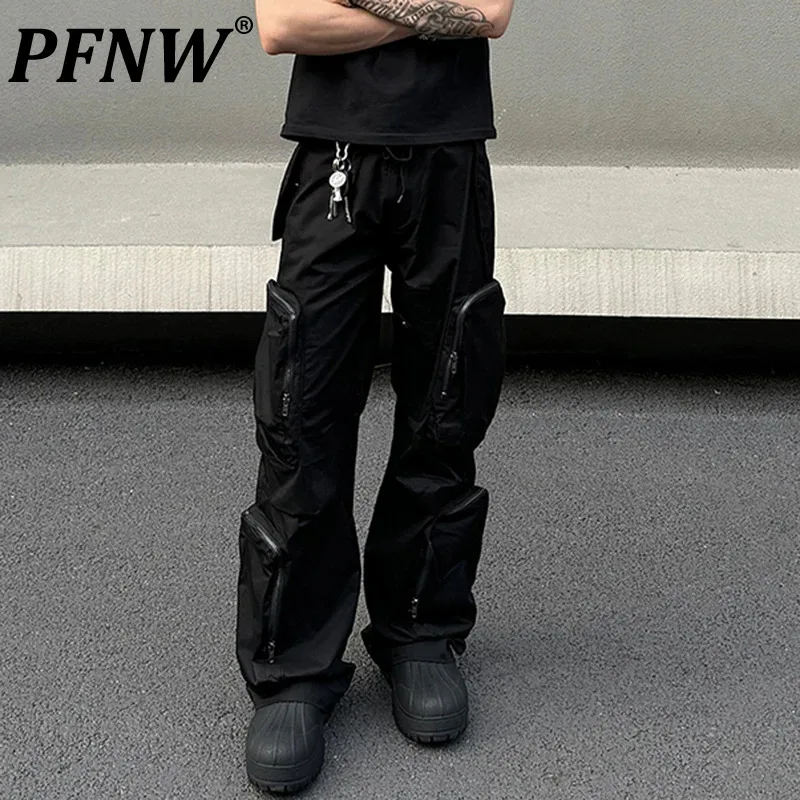 

PFNW Functioanl Design Мужские брюки с несколькими карманами на шнуровке Прямые широкие брюки Сплошной цвет Мужская нижняя уличная одежда Осень 12C635