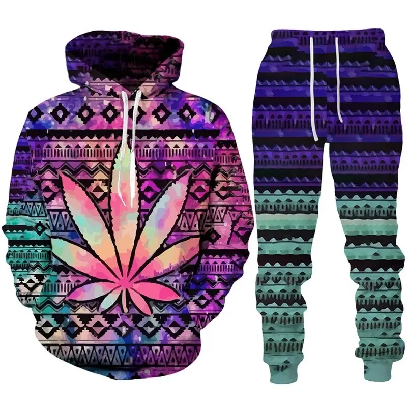 2024 New Colorful Maple Leaf Hooded Sweatshirts 3D Printed Hoodie Trouser Tracksuit Suit Men Casual Pullover Sweatshirt Set