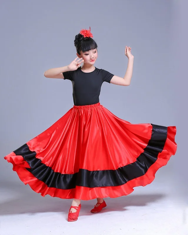 Kid Girls Gypsy Spanish Flamenco Skirt Satin Smooth Big Swing Carnival Party Ballroom Belly Dance Festival Stage Dress