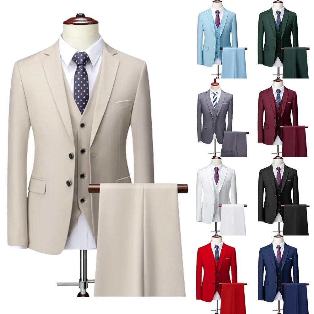 

Men Formal Slim Fit Wedding Business Dress Suit Coat Pants Vest 3Pcs Set Solid Casual Wedding Groom Dress Blazers Jacket Trouser