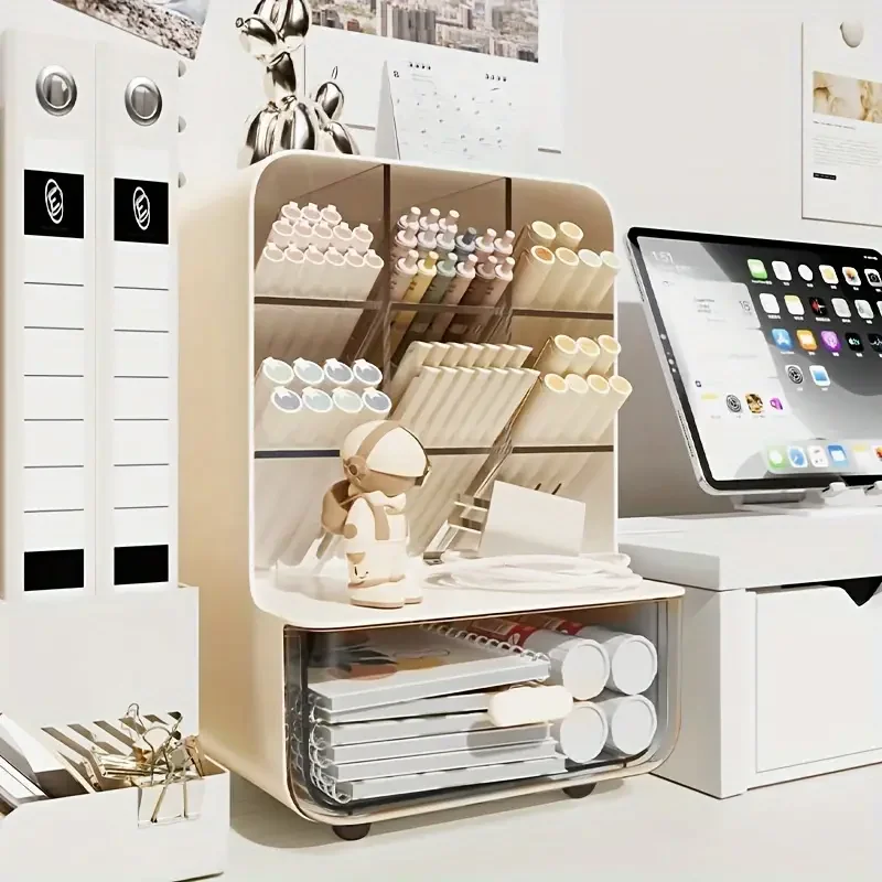 large capacity desk organizer with drawer multi layer pen holder slanted insert storage box for office dorm room supplies portable mold resistant pp material details 4