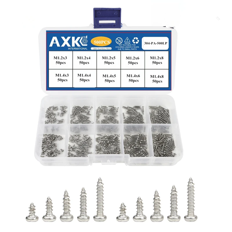 AXK  370/400/500pcs Round Pan Head Small Screw Stainless Steel Cross Recessed M1.2-M2.6 Self Tapping Electronic Mini Screw