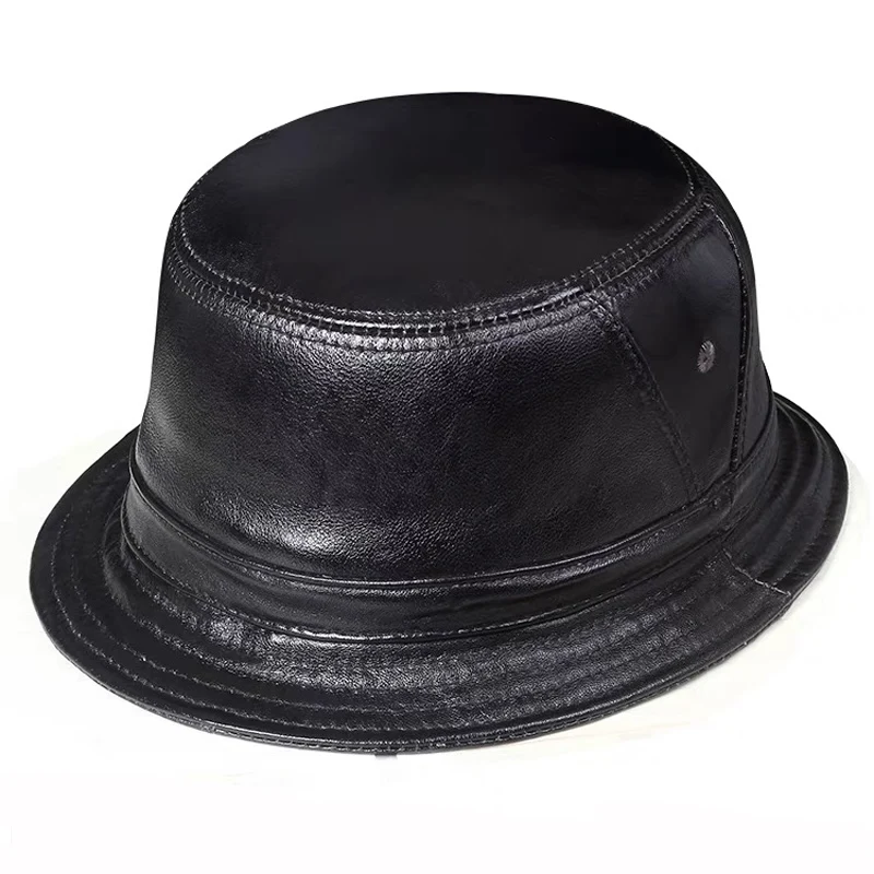 Unisex Genuine Leather Flat Bucket Hats Male Outdoor Potted Short Brim Black/Brown Hip Pop Gorras Elderly Literature Fishing Cap