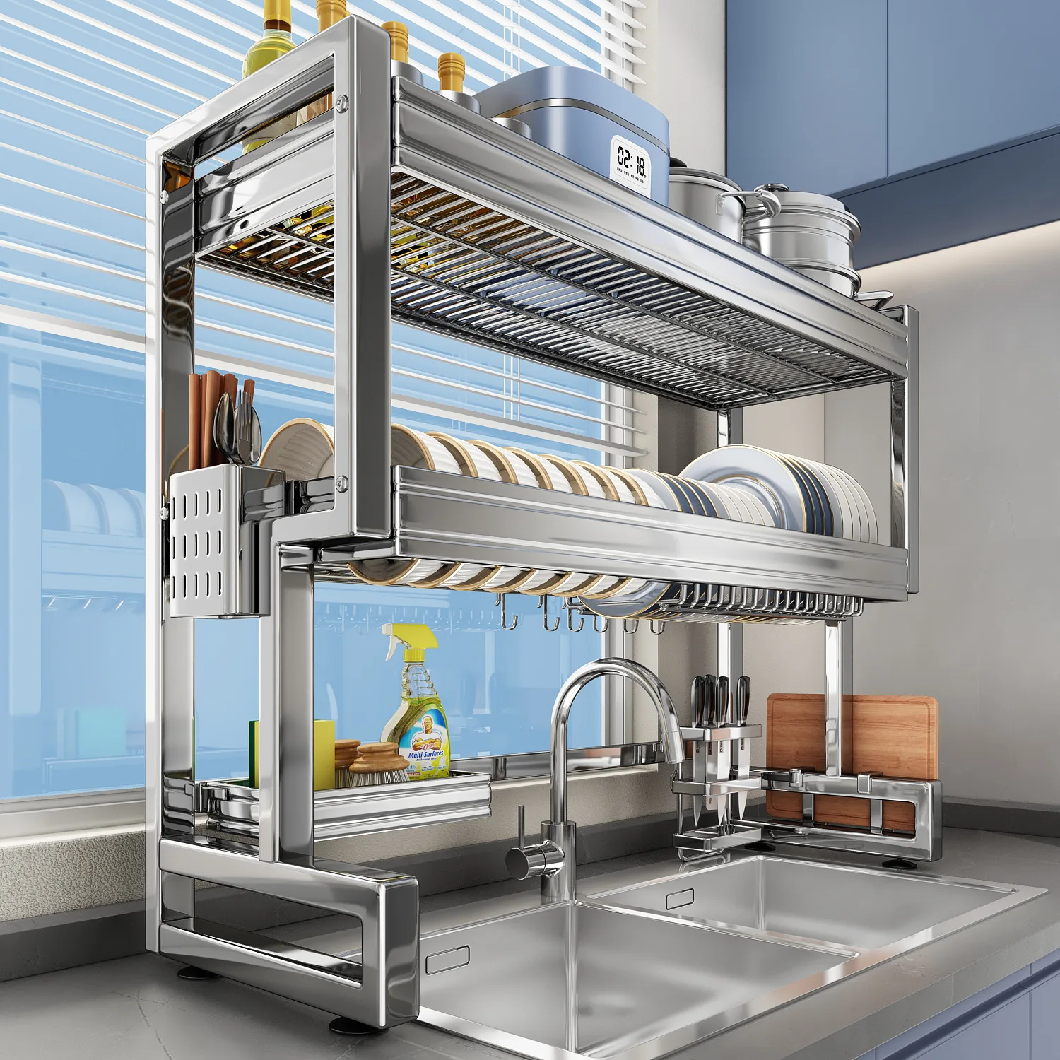 Thickened Stainless Steel Sink Rack, Height Adjustable Dish Drainer, Dual Support Bowl Plate Organizer, Anti Tip Caddy