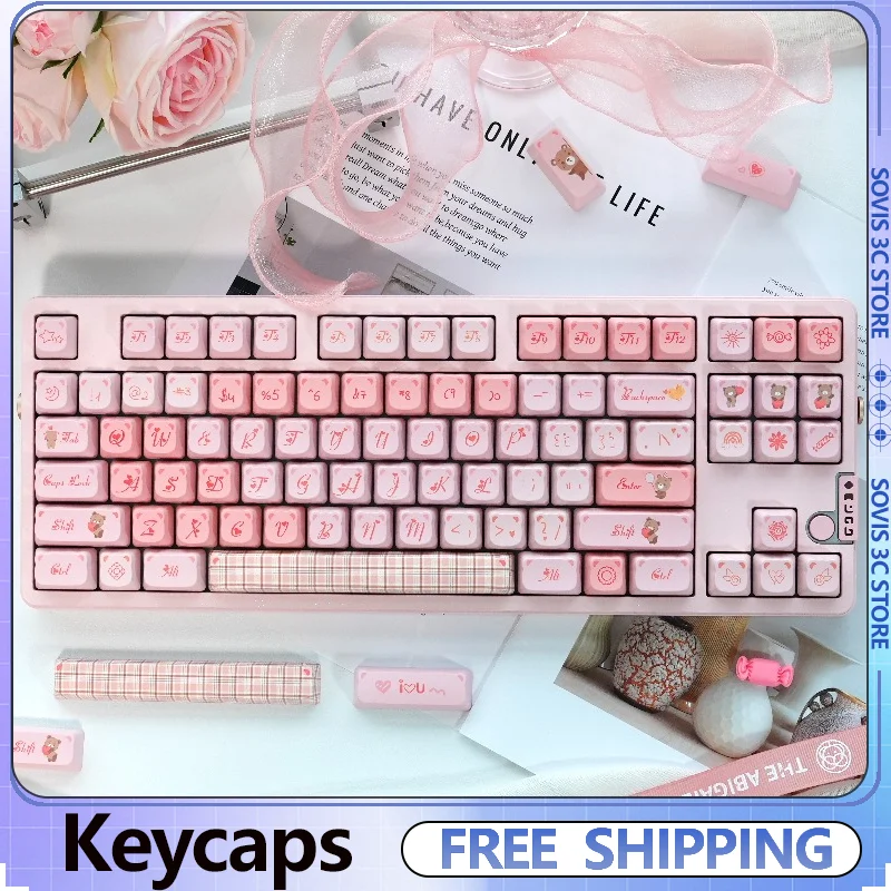 

Колпачки для клавиш с изображением розового сердца и медведя, колпачки для клавиш с вишневым профилем, 130 клавиш, сублимационные колпачки для ключей на заказ, механическая клавиатура, колпачки для клавиш MX, подарок