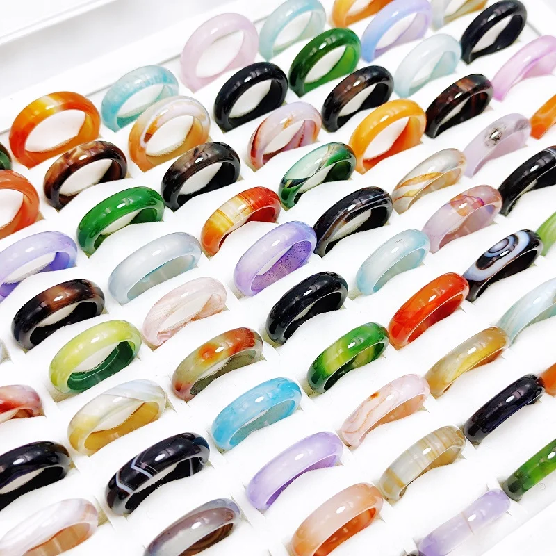 10/20/30Pcs/Lot Vintage MultiColor Natural Stone Agate Rings for Women\'s and Girl Carnelian Charm Finger Ring Jewelry Party Gift