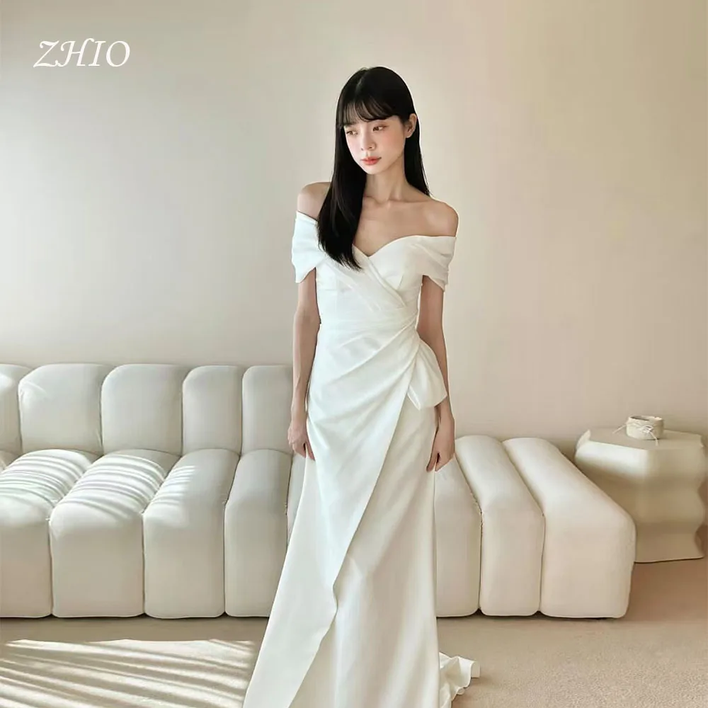 ZHIO elegante vestido de novia con hombros descubiertos, plisado de marfil, corte en A, tren de barrido, sesión de fotos de Corea, vestido de recepción nupcial personalizado