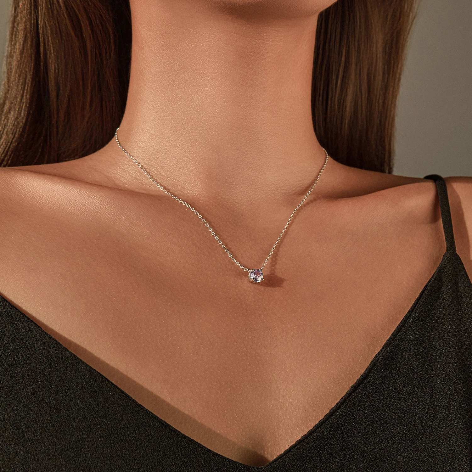 YANLOK 925 Sterling Silver High-End Octagon Pendant Necklace Lavender color Rose Cut CZ Necklace For Women Fine Jewelry