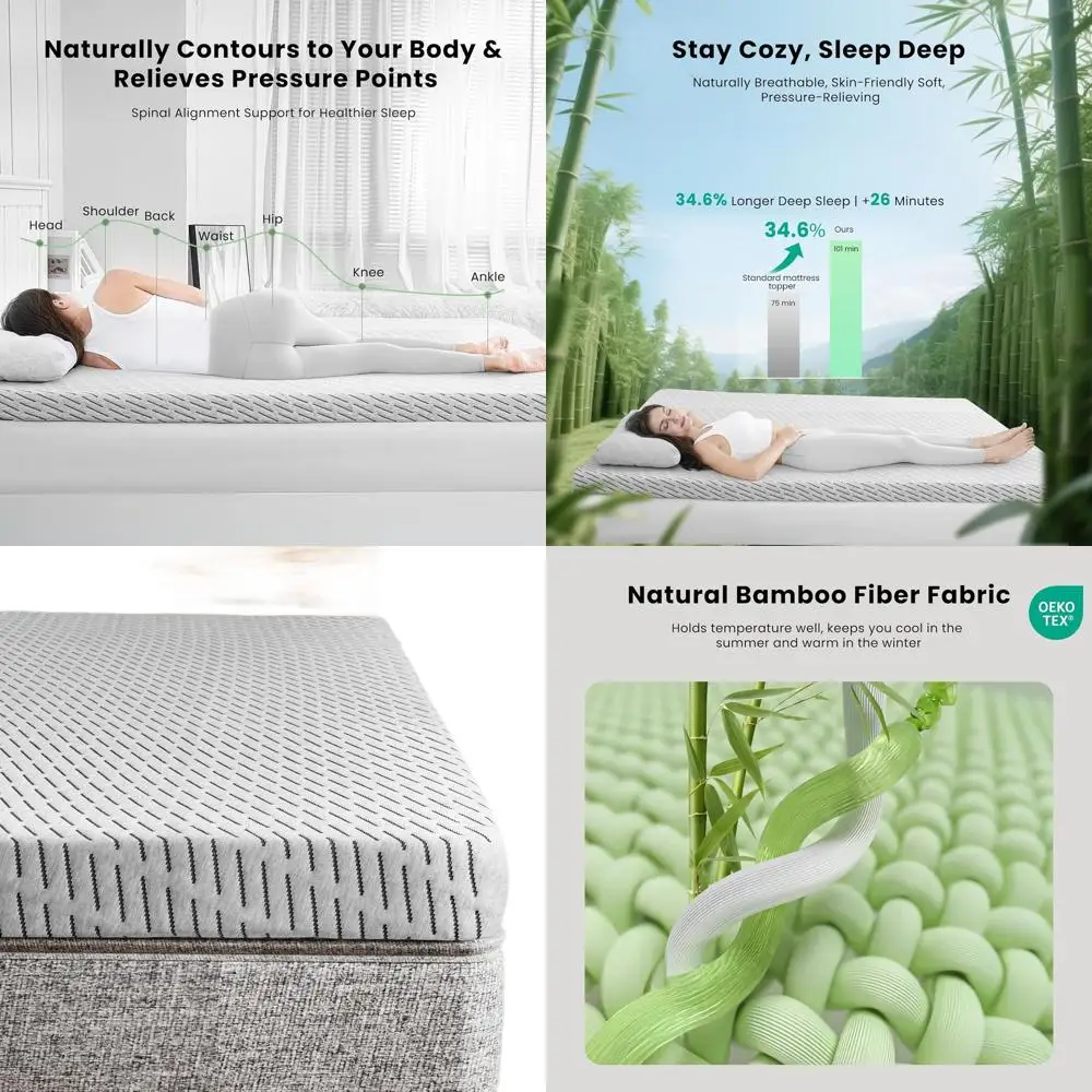 

Twin Size 2 Bamboo & Gel Memory Foam Mattress Topper for Back Support, Cooling and Comfortable Bed Pad with Removable Cover