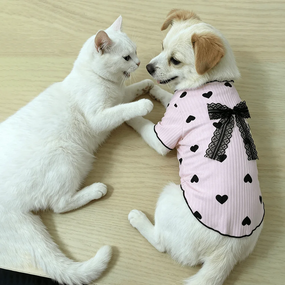 1PC Summer Ribbed Pet T-Shirt Pink Black Heart Print With Lace Bow, Soft Clothes For Small Dogs & Cats