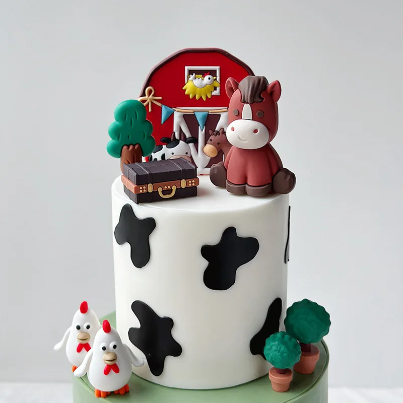 Farm Critters Cake Topper Yaks Ponies Sheep Piglets Chickens Farm Greenhouse Wooden House Boy Girl One Birthday Cake Decorations