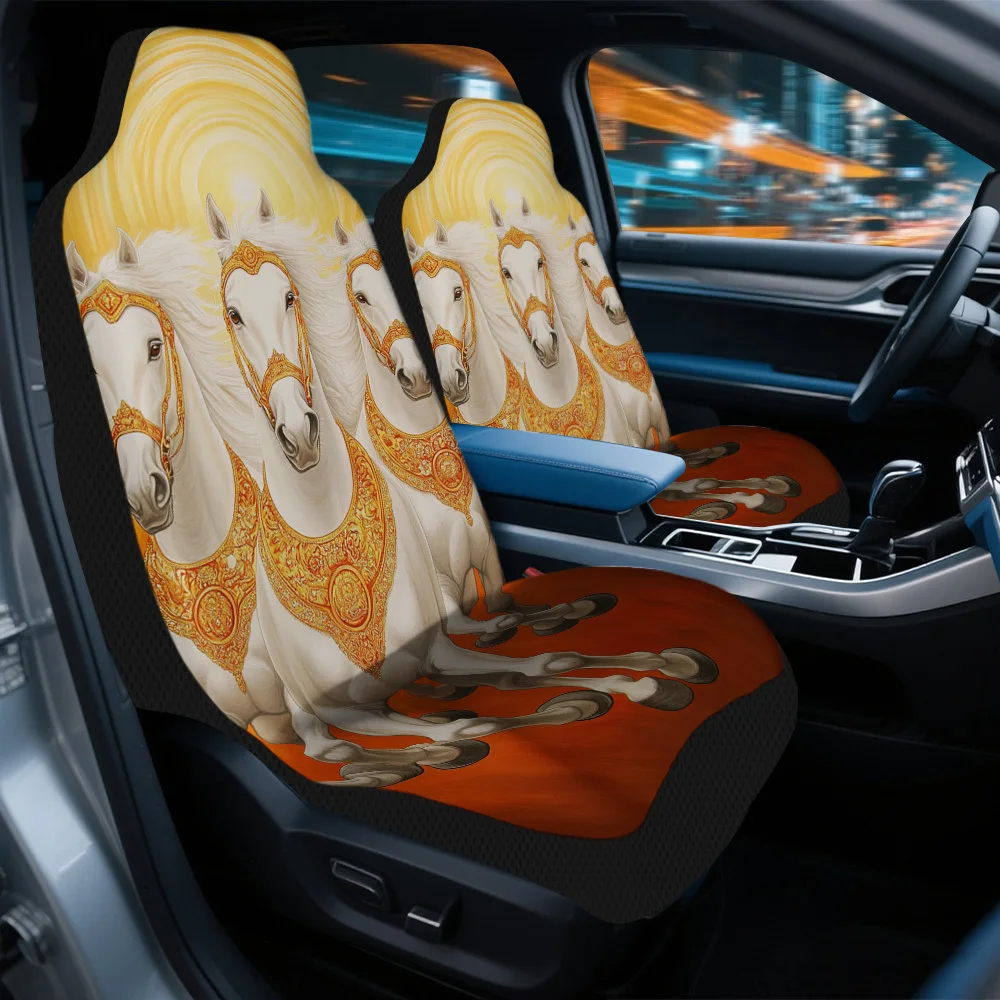 Set Of 2, Golden Radiant Horses Design Car Covers – Trendy And Long-Lasting Complete Set For 2 Front Seats, Fits Most Vehicles,