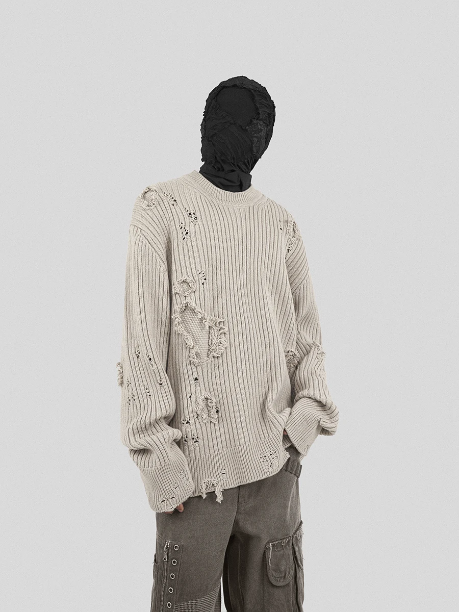 

Wasteland Wash Oat Color Hand Erosion Destroyed Patchwork Shoulder Drop Sweater Sweater