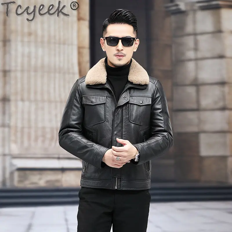 Tcyeek Genuine Leather Down Jacket Men Real Cowhide Coats Winter Clothes Mens Motocycle Jackets Lamb Wool Collar Jaqueta Couro