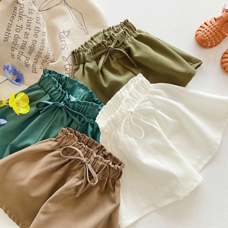 

2026 Summer New Candy Color Children's Flower Bud Pants with Waist Strap Loose Wide Leg Shorts