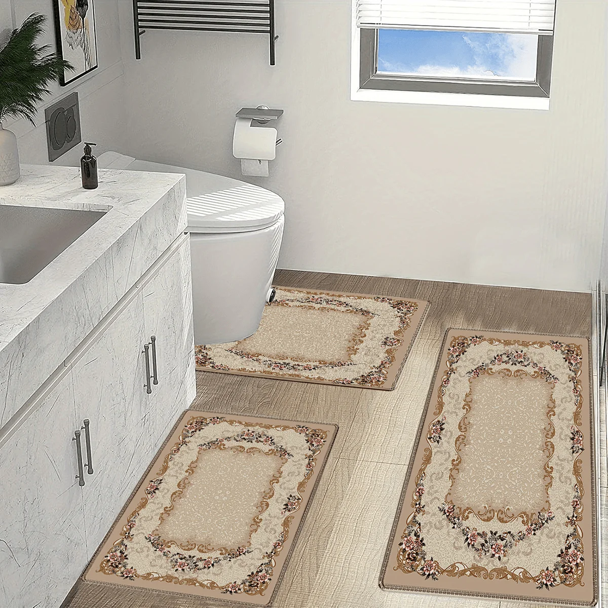 

Luxury Beige Floral Embroidered Bathroom Rugs Set 3pcs Non Slip Waterproof Floor Mats for Toilet Sink Shower Area Home Decor