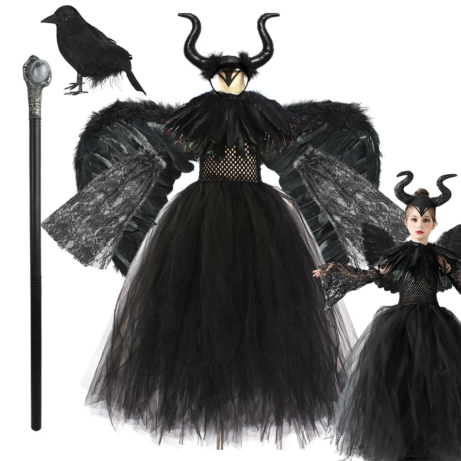 

Girls Maleficent Black Gown Evil Queen Cosplay Dress Children Carnival Halloween Disguise Costume Kid Tulle Tutu Robe with Shawl